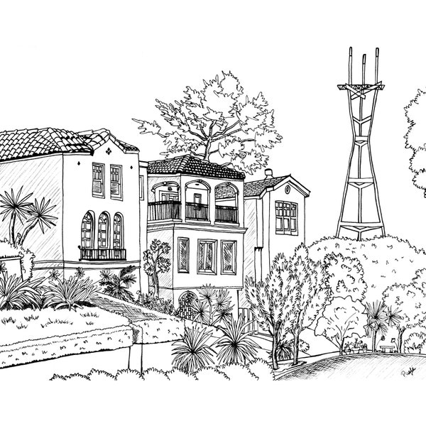 Sutro Tower San Francisco, Ink and Pen Drawing, Black and White Art, Forest Hill Neighborhood, Sutro Heights Print, Unique SF Illustration