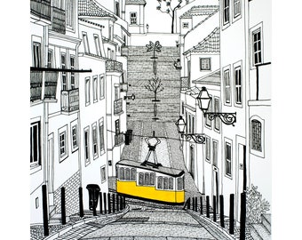 May include: A black and white line drawing of a street scene in Lisbon, Portugal. The street is narrow and cobbled, with buildings on either side. A yellow tram is traveling up the hill.