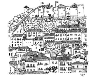 May include: Black and white ink drawing of a European cityscape featuring a fortress on a hill overlooking a dense collection of buildings. The drawing includes detailed architectural elements, trees, and flags.