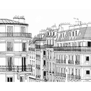 Paris Streets Pen Drawing, Black and White Art, Parisian Buildings, Monochrome Minimalist Decor, France