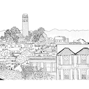 Coit Tower Pen Drawing Print, Black and White, San Francisco Art, Macondray Lane, Tales of the City, North Beach Art, 8x10