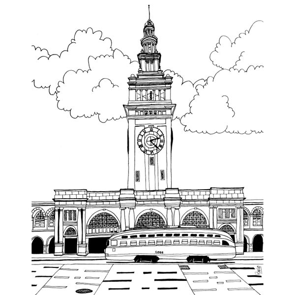 Ferry Building San Francisco, Dessin historique de Muni Trail, Illustration à l’encre et au stylo, Noir et blanc, Voyage en Californie, Market Street Art