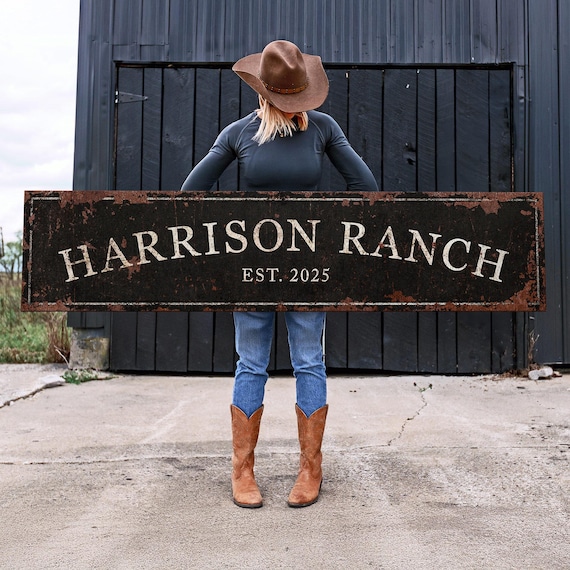Big Rusted Custom Ranch Sign, Rustic Farmhouse Family Established Sign, Metal or Canvas, Black Distressed Long Outdoor Patio Homestead Sign
