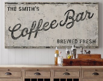 Custom Rustic Retro Kitchen Coffee Family Name Sign, Retro Cafe Sign, Coffee Bar Sign, Vintage Wall Decor Personalized Farmhouse, Big Canvas