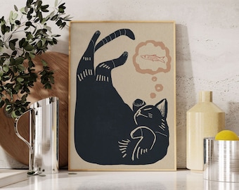 Cat Nap | Digital Download Wall Print| Cute Cat Illustration | Japanese Linocut Cat Art | Abstract Downloadable Wall Art
