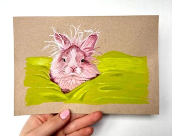 Pink Rabbit Artwork Original | Hand Drawn Bunny | Pencil Crayon Animal Illustration | 8.5" x 5.75"