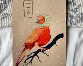 Original Bird Artwork | Hand Drawn Pencil Crayon Art | Whimsical Animal Illustration | 8.5” x 5.75”
