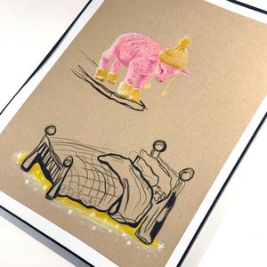 May include: An illustration featuring a pink lamb wearing a yellow hat and boots, skiing down a black line. Below, a bed with a yellow blanket and pillows is sketched in black and white, with yellow accents.