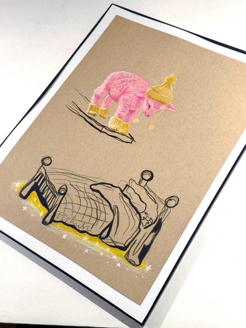 May include: An illustration featuring a pink lamb wearing a yellow hat and boots, skiing down a black line. Below, a bed with a yellow blanket and pillows is sketched in black and white, with yellow accents.