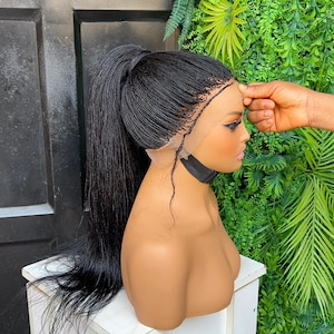 May include: A black braided wig styled in a high ponytail, displayed on a mannequin head. The wig features a lace front and a black choker. The background includes a black door and green foliage.