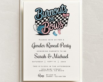 Burnouts or Bows Gender Reveal Party Invitation, Pink or Blue Invite, Baby Shower, Instant Download, Turbos or Bows, BB01