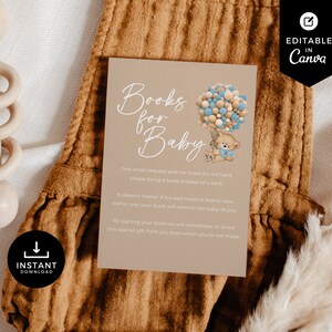 Livres de douche de bébé ours pour bébé, ballons nounours Baby Shower, canva, moderne, carte d'insertion, neutre, bleu, garçon, téléchargement immédiat, BSBR02