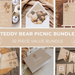 Teddy Bear Picnic Birthday Invitation Bundle, Teddy Bear Balloons Birthday, Teddy Picnic Party, Canva Template, Gender Neutral, TBP3