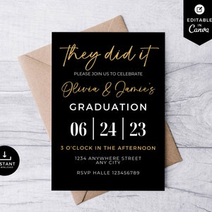 Könnte beinhalten: Schwarze Abschlussankündigung mit goldenem und weißem Text. Der Text lautet „They did it“, „Olivia & Jamie's Graduation“ und das Datum „06 | 24 | 23“. Enthält Uhrzeit, Adresse und RSVP-Informationen. Mit einem „Sofort-Download“-Symbol.