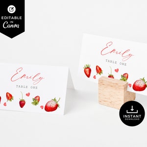 Tarjetas del primer cumpleaños de Berry, fiesta de fresas del primer cumpleaños, plantilla Canva, decoración de fresas, bayas dulces, tarjeta de tienda, BR01