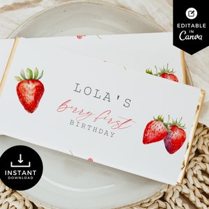 Berry First Birthday Chocolate Bar Wrapper, Candy Bar Label, Strawberry Bday Party, 1st Birthday, Canva Template, Girl Party, BR01