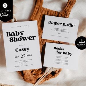 Minimalistische baby shower bundel, moderne uitnodiging, boeken voor baby, luier loterij, Canva sjabloon, kaart invoegen, uitnodigen, eenvoudig, BSMN01