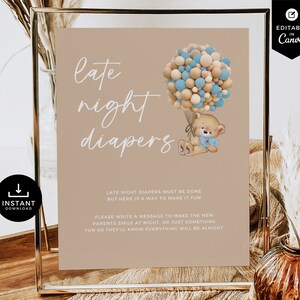 Late Night Windeln Zeichen, Teddy Bär Ballons, Baby Shower, Canva Vorlage, Baby Shower Spiele, Gästebuch, Blau, Late Night Windeln, BSBR02