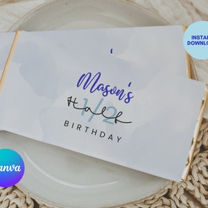 Half Birthday Chocolate Bar Wrapper, Candy Bar Label, 1/2 Bday Party, 6 Month Birthday, Canva Template, Boy, Half Way to One, HB02