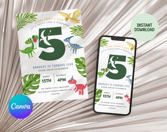 5th Birthday Invitation, Fifth Birthday Invite, Dinosaur Party, T-Rex, Boy Bday Invite, Dino, Canva Template, Instant Download, DNS01