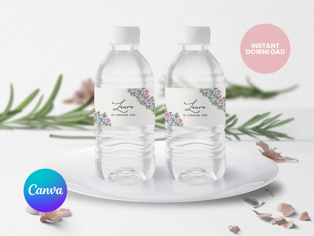 Tea Party Water Bottle Label, Canva Template, Garden Birthday Party