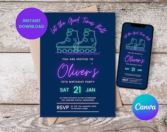 Roller Skate Party Invitation, 10th Birthday Invite, Tenth Skating Rink Party, Canva Template, Boy, Editable, Printable, Blades, RS001