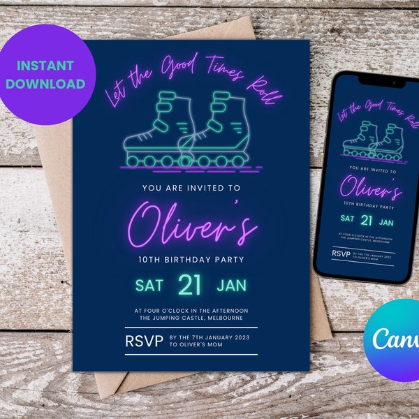 Roller Skate Party Invitation, 10th Birthday Invite, Tenth Skating Rink Party, Canva Template, Boy, Editable, Printable, Blades, RS001