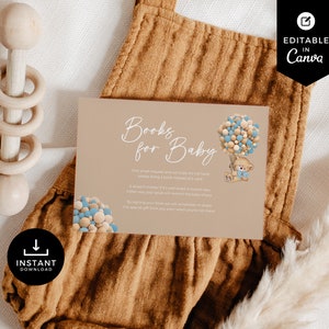 Livres de douche de bébé ours pour bébé, ballons nounours Baby Shower, canva, moderne, carte d'insertion, neutre, bleu, garçon, téléchargement immédiat, BSBR02