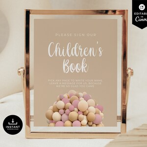 Veuillez signer notre signe de livre pour enfants, ballons d'ours en peluche, baby shower, modèle Canva, jeux de douche de bébé, livre d'or, rose, BSBR01
