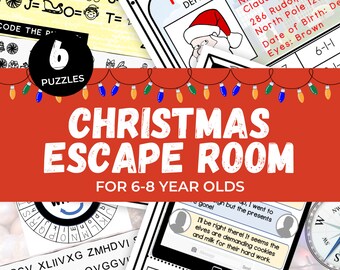 Puede incluir: Un fondo rojo con temática navideña. El texto "Christmas Escape Room for 6-8 Year Olds" está en letras blancas. Hay imágenes de luces navideñas, una licencia de conducir de Santa Claus, una brújula y una pantalla de teléfono con un mensaje de texto.