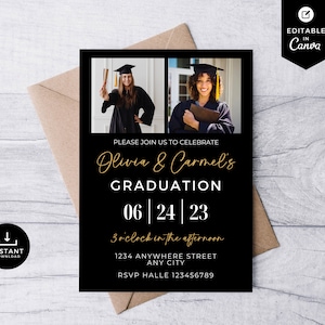 Könnte beinhalten: Schwarze und goldene Graduation-Ankündigung mit zwei Fotos von Absolventen in Mützen und Roben. Die Ankündigung lautet: "Bitte feiern Sie mit uns die Graduation von Olivia & Carmel 06 | 24 | 23 15:00 Uhr 1234 Anywhere Street Any City RSVP Halle 123456789"