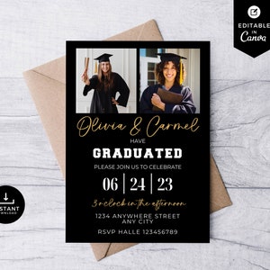Könnte beinhalten: Schwarze und weiße Graduation-Ankündigung mit goldener Schrift. Die Ankündigung zeigt zwei Fotos von Absolventen in Mützen und Roben. Der Text lautet "Olivia & Carmel haben ihren Abschluss gemacht. Bitte feiern Sie mit uns am 06 | 24 | 23 um 15:00 Uhr 1234 Anywhere Street Any City RSVP Halle 123456789"