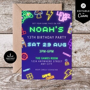 Arcade Birthday Party, 13th Birthday Invitation, Thirteenth Bday Invite, Boys Bday, Canva Template, Video Game, Gamer Invitation, Neon, AR01