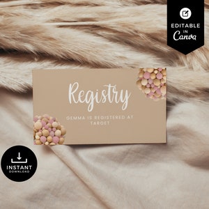 Bear Registry Card, Teddy Bear Balloons Baby Shower, Canva, Enclosure Card, Invitation Insert Card, Pink, Girl, Gift Registry, BSBR01