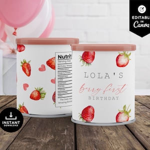 Berry First Birthday Chip Can Label, Strawberry Birthday, Berry 1st Bday, Canva Template, Strawberries Decor, Decoration, Editable, BR01