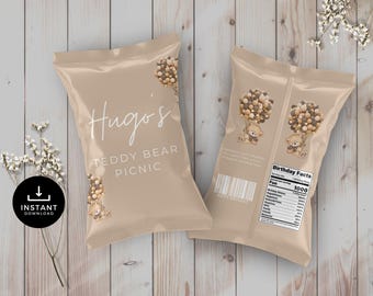 Teddy Bear Picnic Mini Chip Bag Label, 1st Birthday, Balloons, First Bday, Canva Template, Gender Neutral, Kids Party Decor, Editable, TBP3