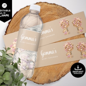 Bear Water Bottle Label, Teddy Bear Balloons Baby Shower, Favors, Canva Template, Neutral, Pink, Girl, Instant Download, Editable, BSBR01