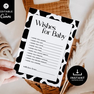 Deseos de vaca para tarjeta de bebé, juego de baby shower, oraciones para bebé, moderno, actividad, canva, consejos, género neutral, rancho, tierras altas, BSCW01