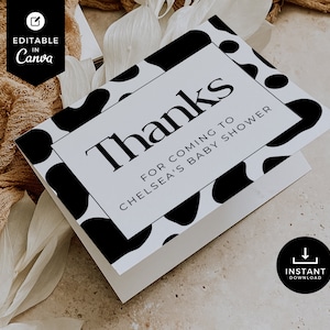 Cartão de agradecimento de vaca, chá de bebê de vaca, cartão de agradecimento, agradecimento de mesa, personalizado, modelo Canva, rancho, montanhas, download instantâneo, BSCW01