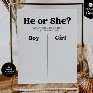 Minimalist He or She Sign, Modern Baby Shower, Boy or Girl, Guess Gender Game, What Will Baby Be, Canva Template, Simple, Modern, BSMN01