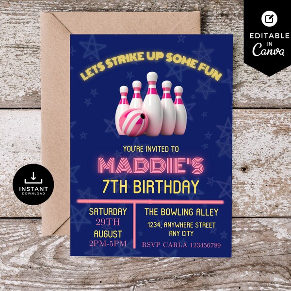 Bowling 7th Birthday Invitation Etsy