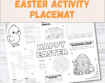 Easter Activity Placemat Printable, Kids Activity Sheet, Easter Coloring Page And Fun Games For Kids, Easter Puzzlee Sheet, Activities Mat