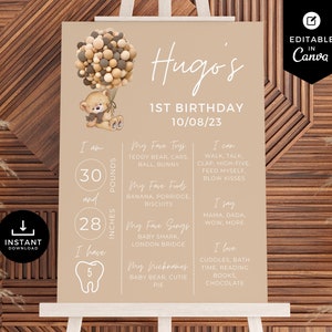 Teddy Bear Milestone Board, Teddy Bear Balloons Birthday, Canva Template, Milestone Poster, Teddy Bear Picnic, Milestone Sign, Neutral, TBP3