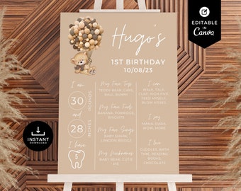 Teddy Bear Milestone Board, Teddy Bear Balloons Birthday, Canva Template, Milestone Poster, Teddy Bear Picnic, Milestone Sign, Neutral, TBP3