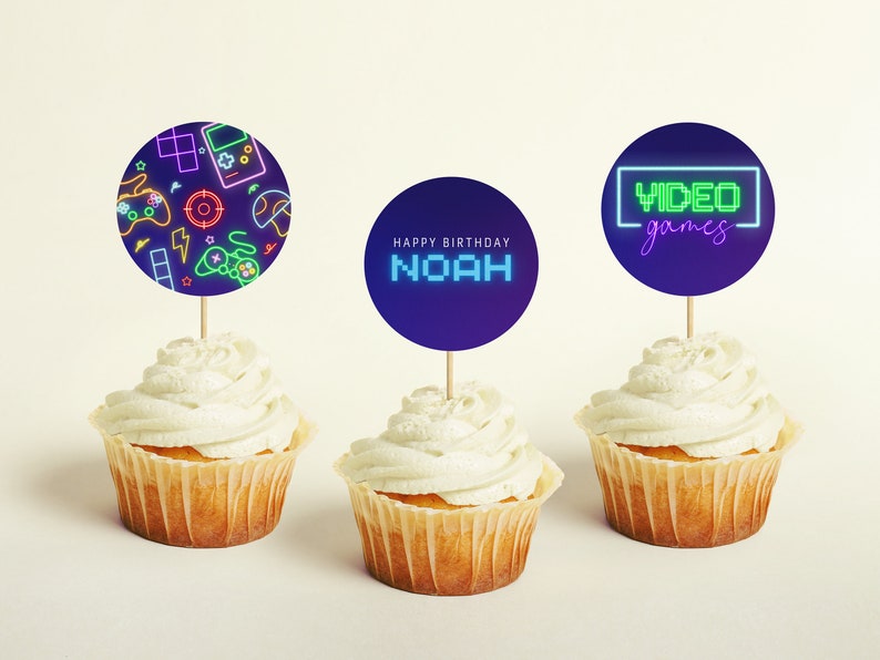 Arcade Cupcake Toppers Video Game Birthday Party Canva Etsy