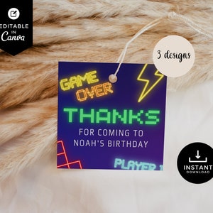Arcade Birthday Favor Tag, Thanks Tag, Thank You Tag, Video Game Party, Glow Arcade, Neon, Retro, Gamer Party, Gaming Bday, Boy, AR01