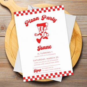 May include: A red and white checkered invitation for a pizza party. The invitation features a cartoon pizza slice with a face and the text "Pizza Party". The invitation is for Isaac's 1st birthday party. The party is on Saturday, March 25th at 3:00 PM at 123 Pizza Lane, Cheestown, 98765. RSVP by February 25th to Isaac's Mom at 123456789.