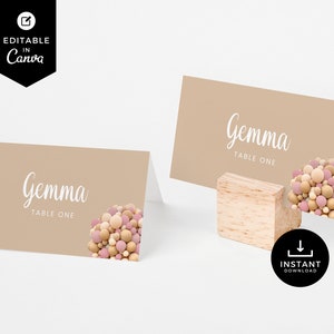 Cartões de lugar de urso, balões de ursinho de pelúcia, decorações de chá de bebê, modelo Canva, decoração de festa, neutro, rosa, menina, download instantâneo, BSBR01
