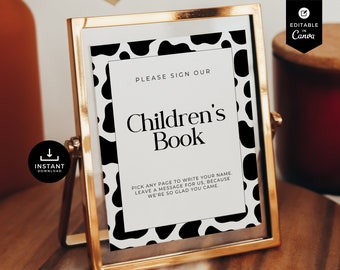 Si prega di firmare il nostro cartello per bambini, Baby shower mucca, modello Canva, giochi per baby shower, libro degli ospiti, genere neutro, BSCW01