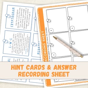 May include: A set of printable game cards and a recording sheet for a cryptogram puzzle. The cards are blue with white text and the recording sheet is orange with white text. The recording sheet has a grid with six squares and numbers 2, 3, 6, and 8 in the squares. A pen is lying on the recording sheet.
